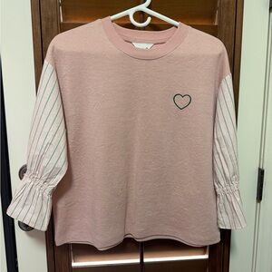 Pink Long Sleeve Top with Heart Embroidery